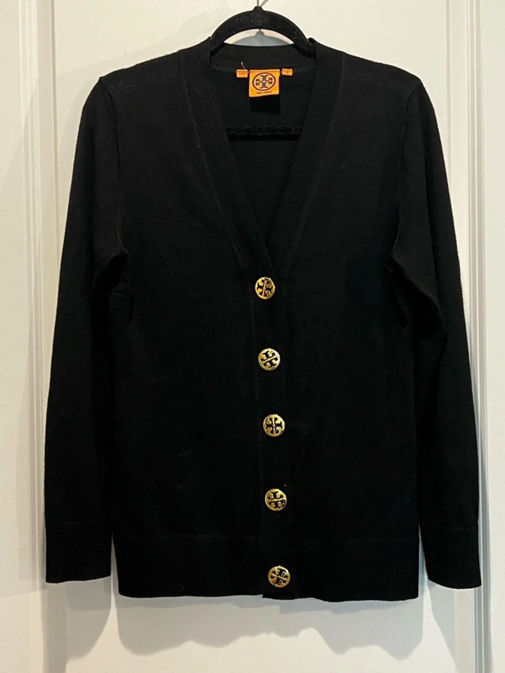 Tory Burch Black Merino Wool Logo Button Cardigan Size M